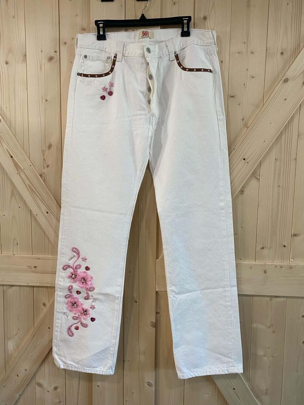 Levi's 501 White Embroidered Floral Jeans 36 x 34